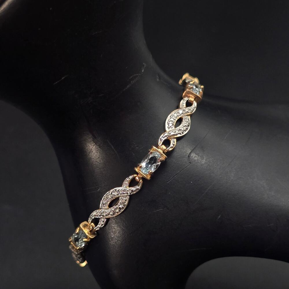 Ross Simons Blue Topaz Tennis Bracelet Sterling Silver Diamond Chip